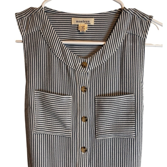 Monteau | Navy White Striped Button Midi Sundress | XS - Picture 3 of 6